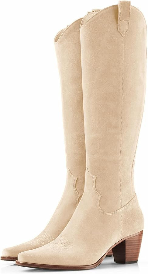 Women Cowboy Knee High Boots Chunky Block Heel Square Toe Tall Riding Boots | Amazon (US)