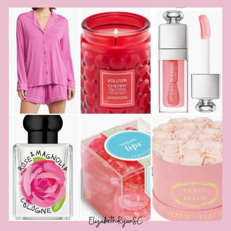 The ultimate Valentines Day gift basket! Comfy pink pajamas, a cherry gloss candle, Dior Lip oil, Rose & Magnolia perfume, a Sugar Lips gummy candy cube, and of course: Roses - but make them eternity roses.🌹 


#LTKbeauty #LTKU #LTKGiftGuide