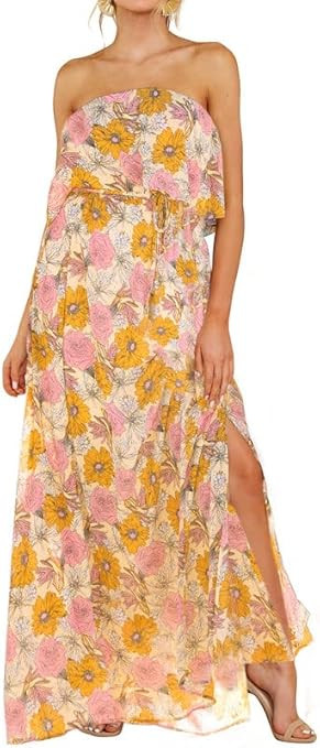 Dokotoo Womens Strapless Dresses Casual Summer High Waist Side Split Flowy Boho Maxi Dress | Amazon (US)