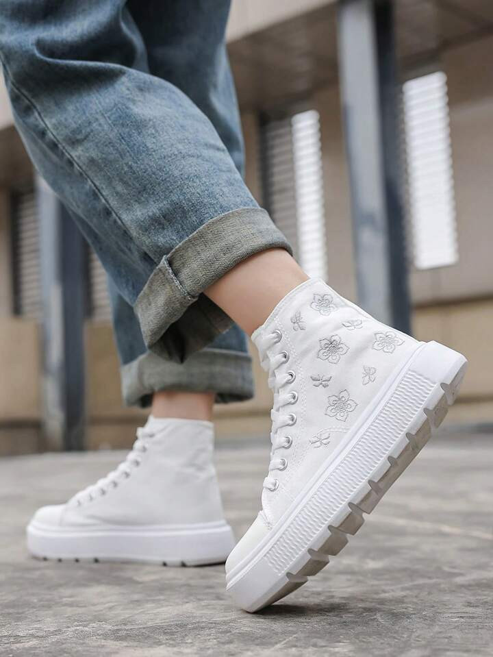 Women's All Season Comfortable High Top Canvas Shoes With Flower & Butterfly Embroidery, Lightwei... | SHEIN