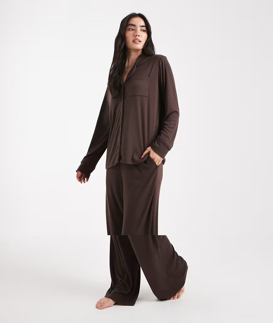 Brave Soul super soft button down shirt and trouser pyjamas in chocolate brown | ASOS (Global)