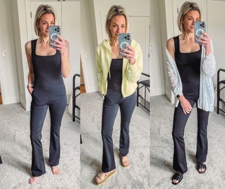 The cutest jumpsuit with square neck and flare leg! My favorite is the yellow zip up and Reef sandals. 

#LTKshoecrush #LTKover40 #LTKsalealert