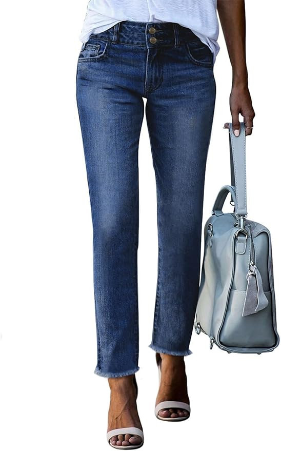 Sidefeel Women's High Waisted Jeans Strechy Spring Fashion Raw Hem Straight Leg Zimbaplatinum Ank... | Amazon (US)