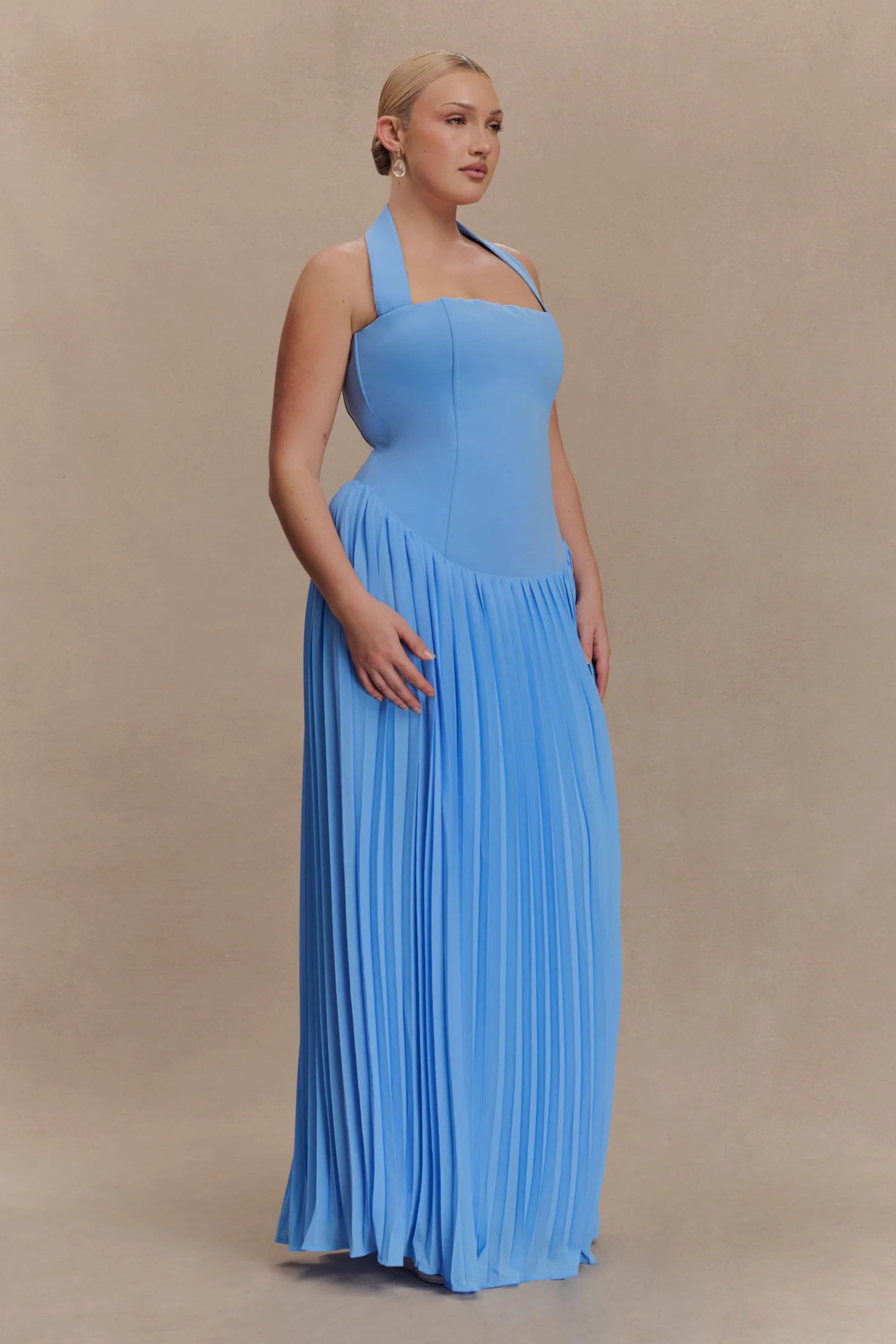 Pleated Halter Maxi Dress - Bright Blue | MESHKI US