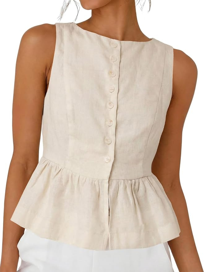 SKIKYAN Women's Linen Tank Top Sleeveless Ruffled Hem Peplum Top | Women Crewneck Linen Tanks, Ca... | Amazon (US)