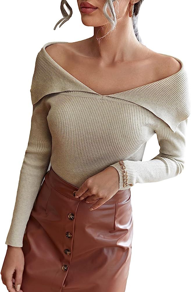 SheIn Women's Foldover Off Shoulder Sweater Long Sleeve Ribbed Knit Pullover Top | Amazon (US)