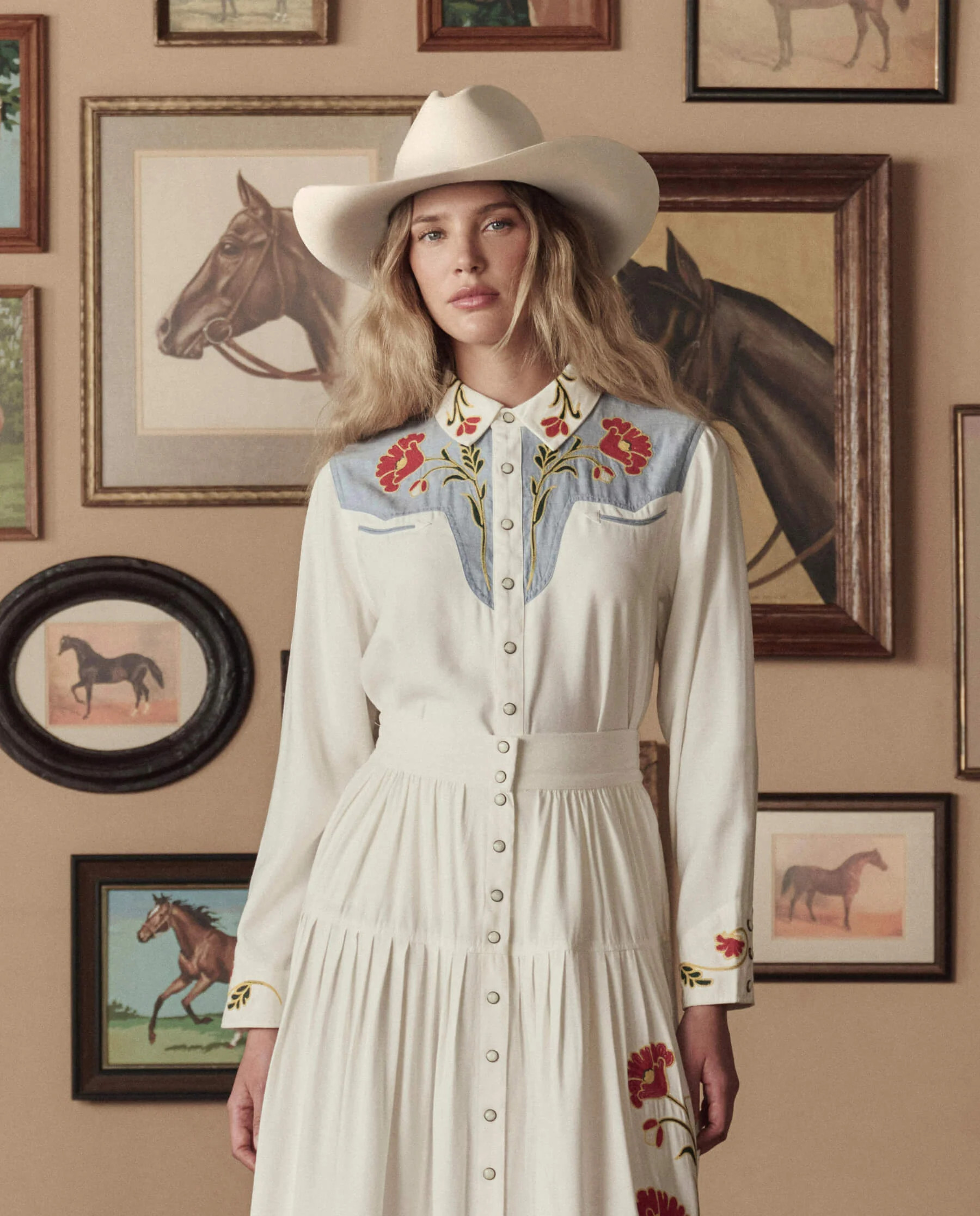 The Embroidered Western Shirt. -- Cream With Chambray Mix Multi Emb | THE GREAT.