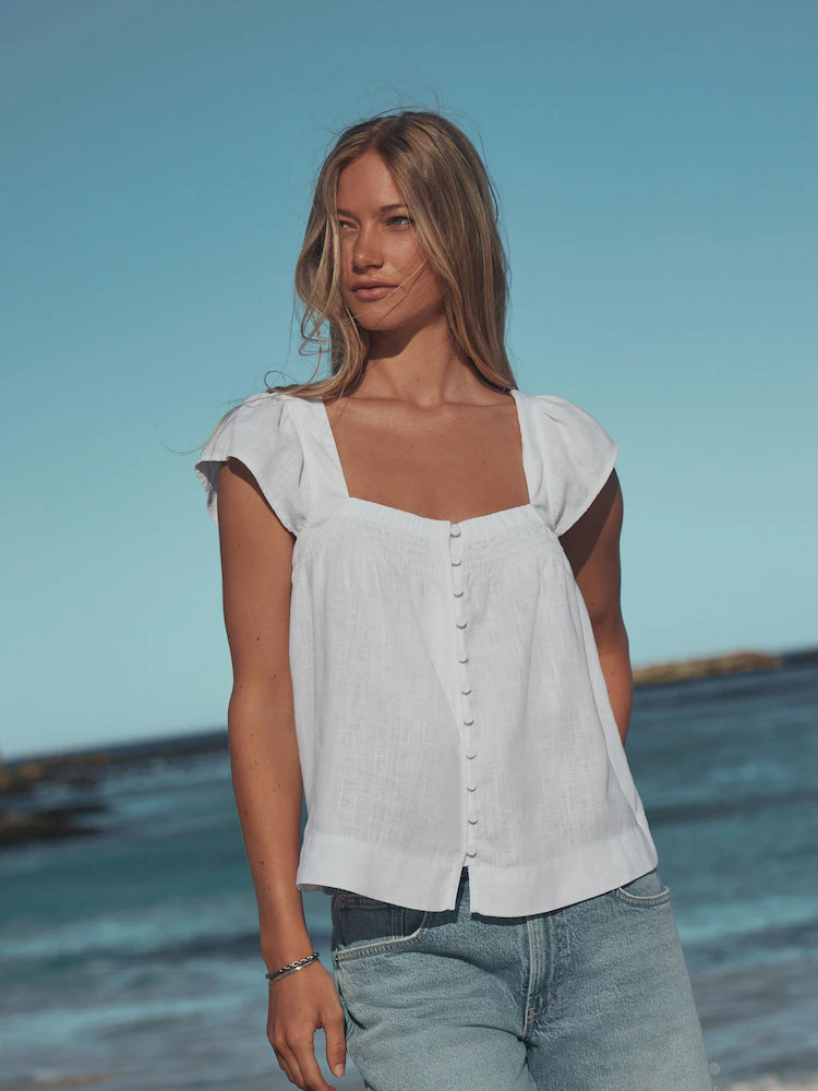 White Flutter Sleeve Button Front Top With Linen | Next US