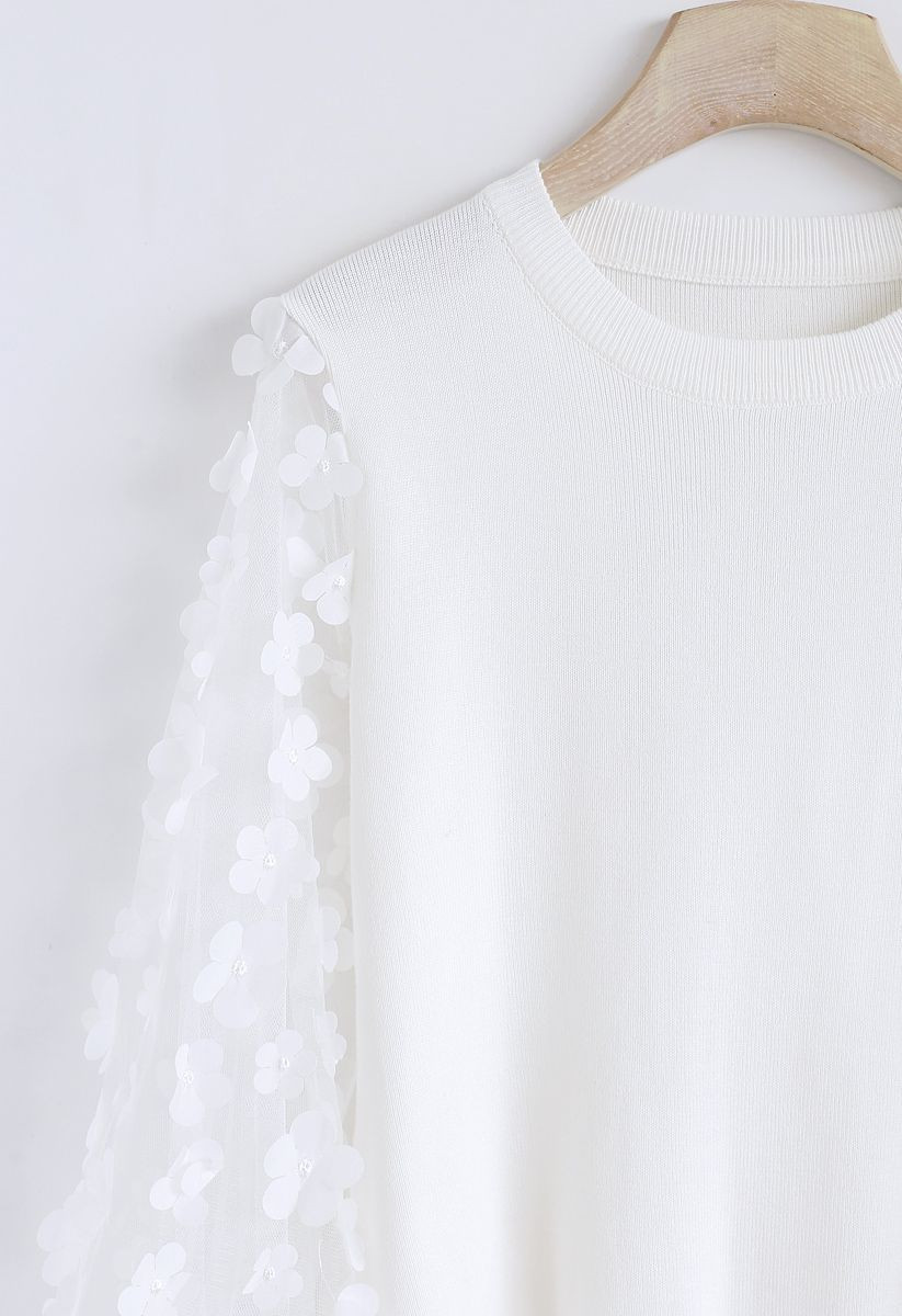 3D Flower Mesh Sleeves Knit Top in White | Chicwish