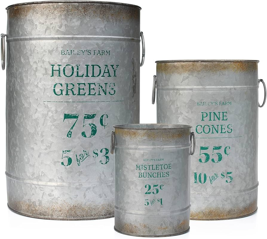 Amazon.com: AuldHome Christmas Galvanized Greenery Buckets (Set of 3), Large, Medium, & Small Met... | Amazon (US)