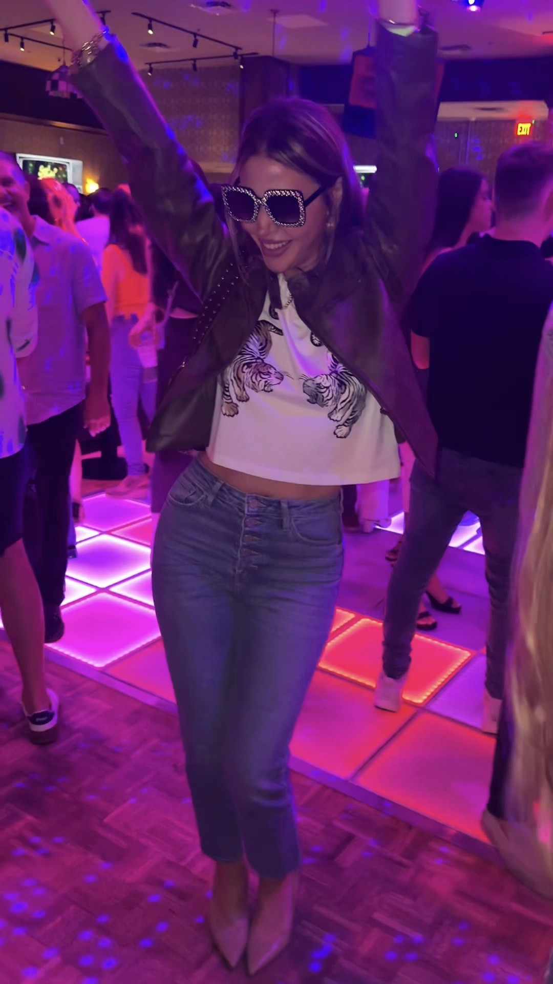 My boogie shoes outfit of the night! Leather Moto jacket I’m wearing size small. Loose semi cropped tiger T-shirt I’m wearing medium and the best jeans high waist. Perfect length button fly. I’m in size 27 which is my actual size so they are true to size. And the only point to stiletto heels, you can dance in are definitely by Sam Edelman. True to size. 

#LTKParties #LTKSaleAlert #LTKStyleTip