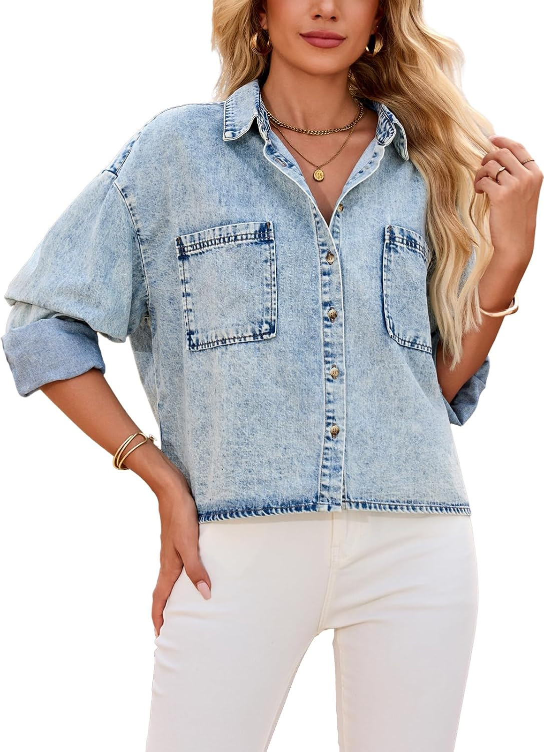 Women's Cropped Denim Shirt Long Sleeve Button Down Jean Blouse with Pockets, Comfort Fit Casual Vintage Top | Amazon (US)