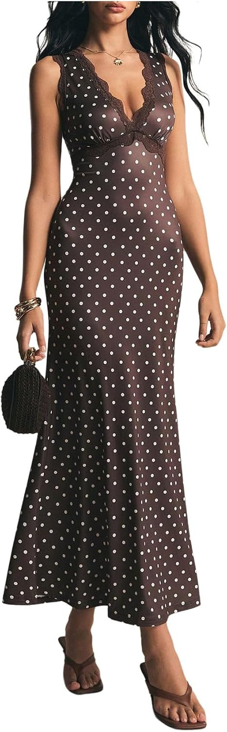 GORGLITTER Women's Lace Polka Dots Dress Low Back Wedding Guest Maxi Dress | Amazon (US)