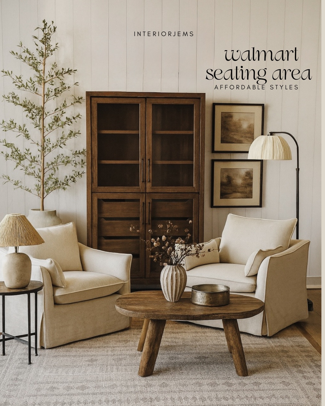 Budget friendly living room from Walmart, I love these accent chairs, floor lamp, a table lamp, look for less table, lamp, solid wood, coffee table, round coffee table, tall bookcase, set of art prints, floor lamp, black olive tree, large planter, side table

#LTKGiftGuide #LTKSaleAlert #LTKHome