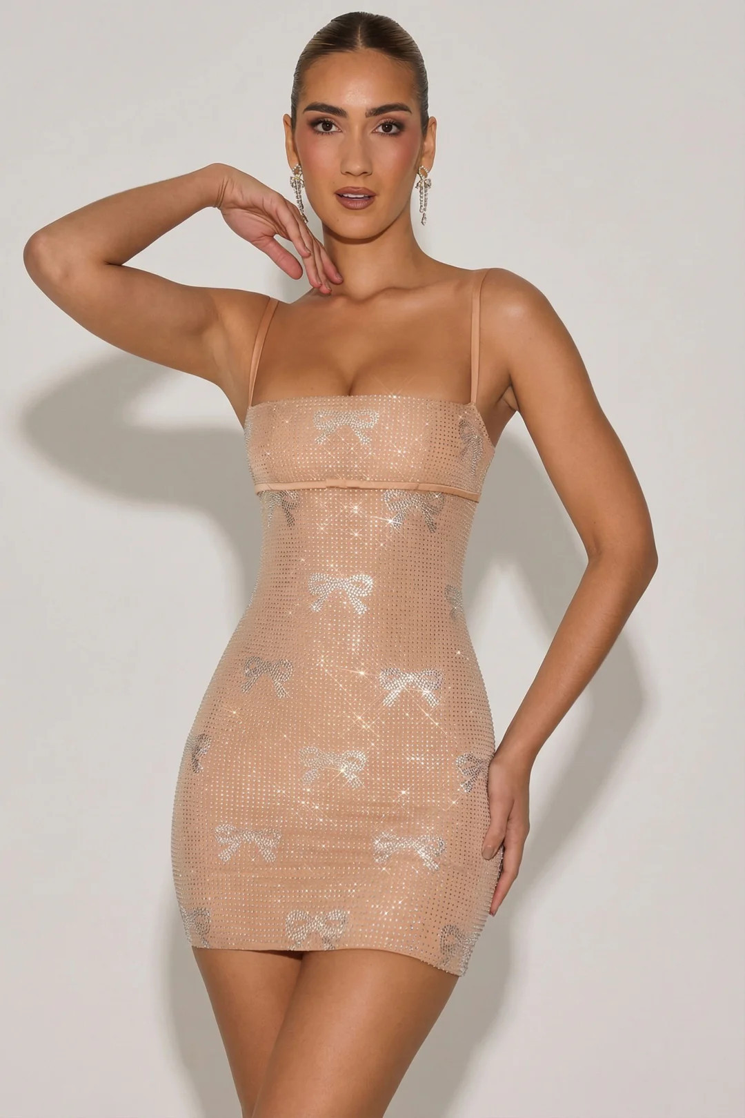 Embellished Bow-Detail Mini Dress in Almond | Oh Polly