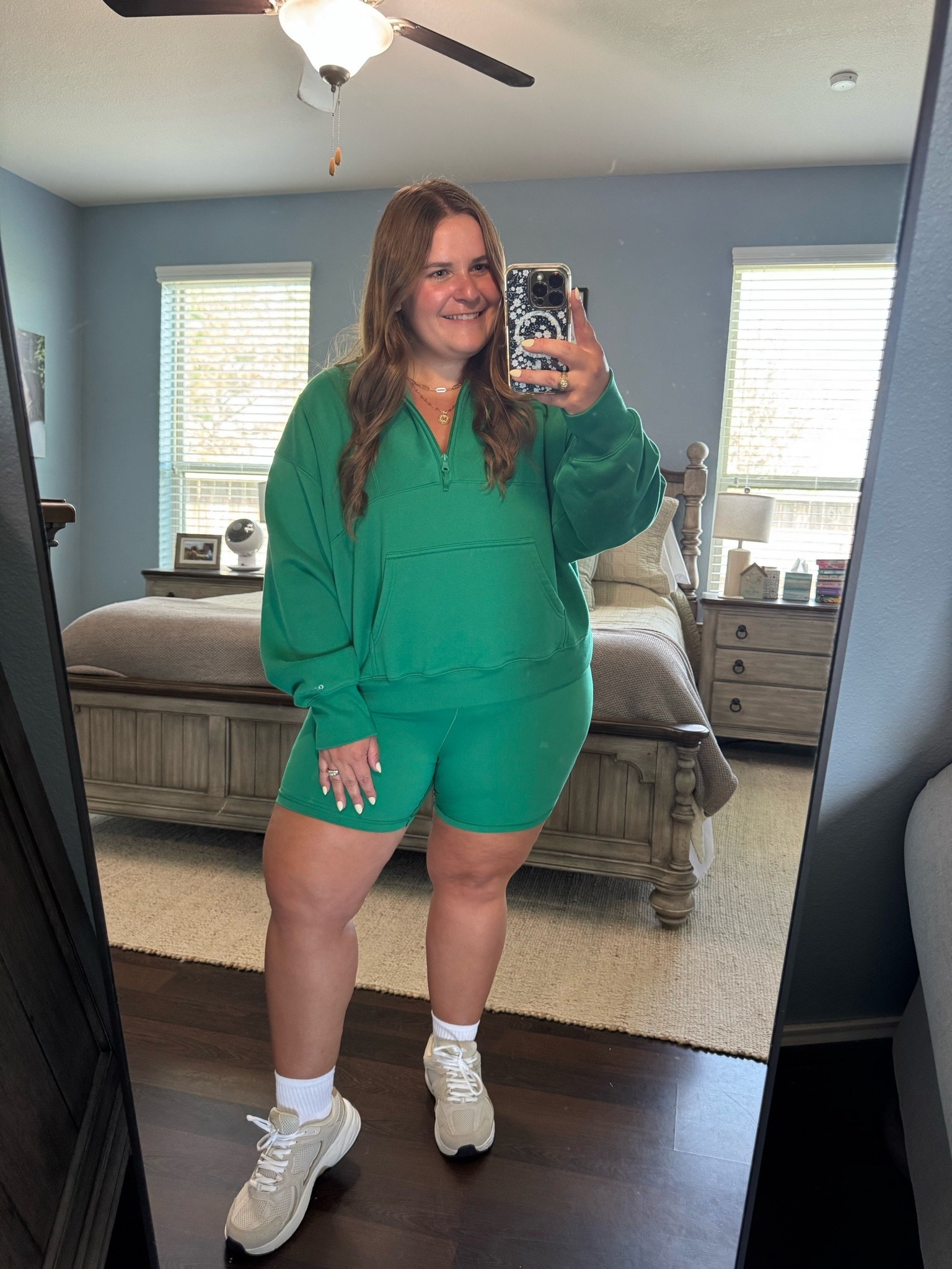 Wearing an xl in this green aerie half zip. Wearing an xxl in the matching green biker shorts. I’m 5’1 and a size 16.

#LTKootd #LTKMidsize #LTKPlusSize