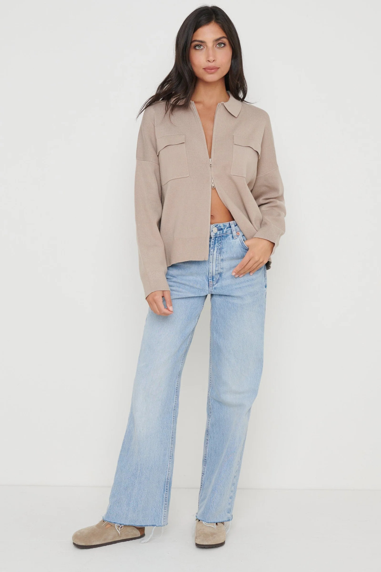 Cameron Zip Up Cardigan - Taupe | Pretty Lavish (UK)