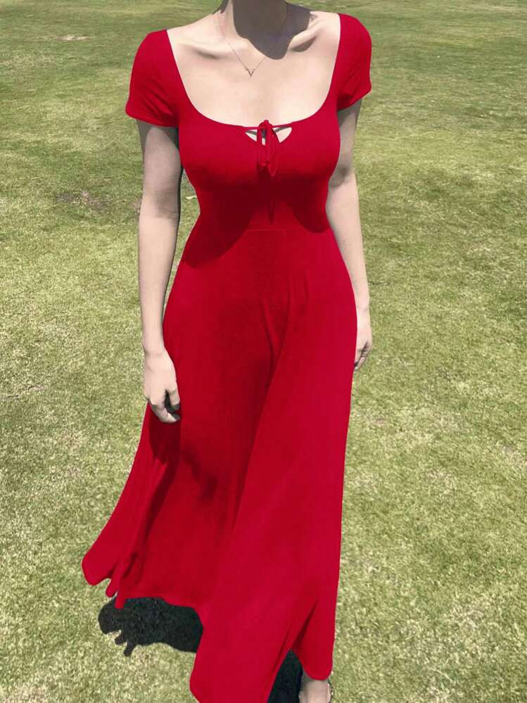 INAWLY Solva Women's Summer Scoop Neck Short Sleeve Slim Fit High Waist Dress | SHEIN