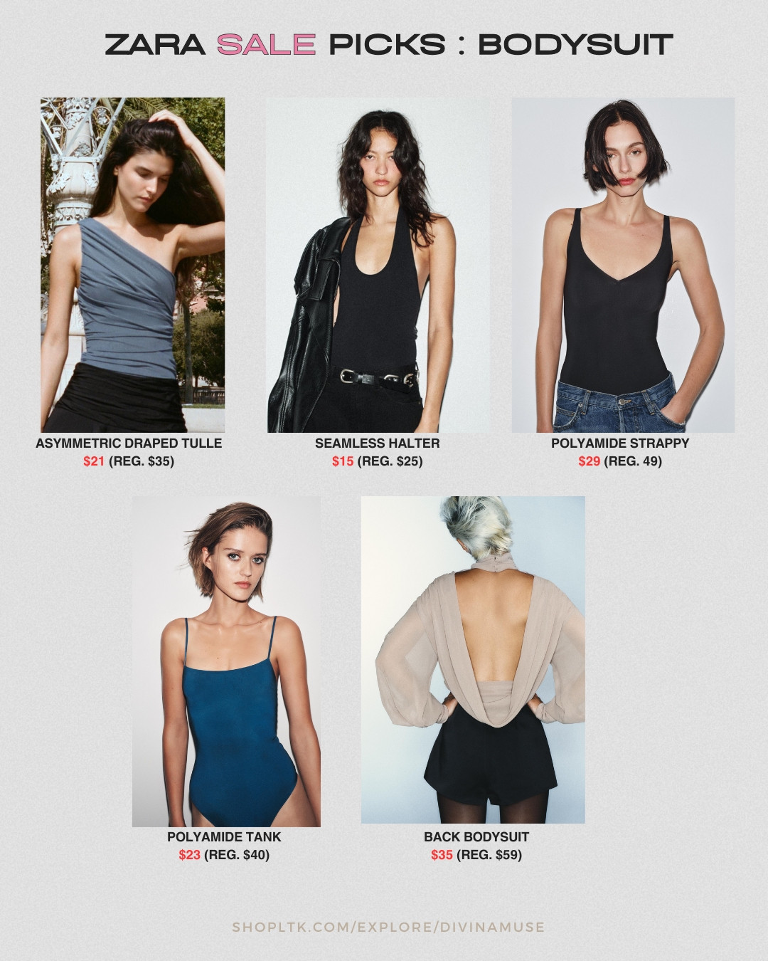 zara sale picks: bodysuits 
some basic must-have bodysuits for when you want everything to stay put!! 
- LOVE this color of the asymmetric draped tulle bodysuit. 
- seamless black halter bodysuit 
- polyamide strappy bodysuit. reminds me of a SKIMS dupe alternative. super soft, smoothed out material (other colors available)
- polyamide spaghetti strap bodysuit tank (comes in other colors) 
- draped back bodysuit  

 #LTKSaleAlert #LTKFindsUnder50 #LTKWorkwear