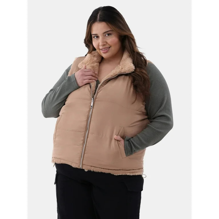 Time and Tru Women’s Plus Size Faux Fur/Puffer Reversible Vest - Walmart.com | Walmart (US)
