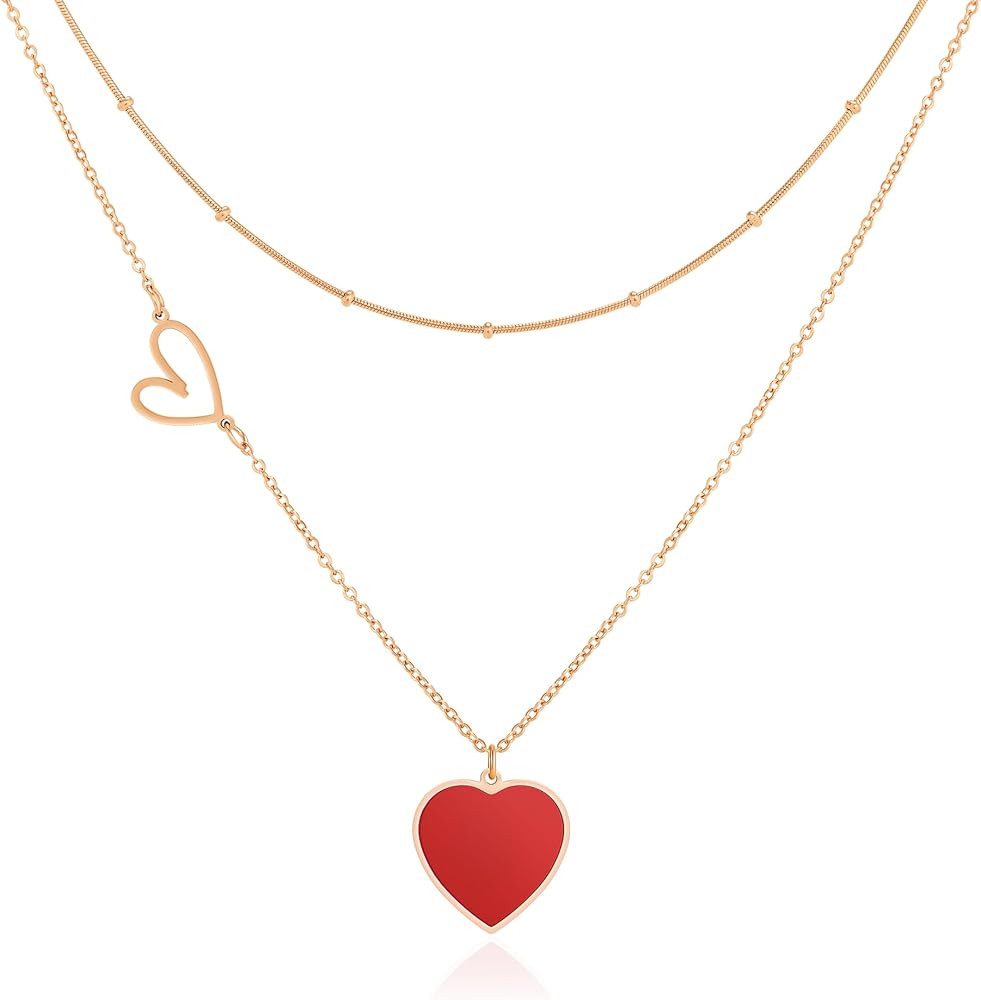 Linawe Layered Choker Heart Pendant Necklace for Women Trendy, Gold/Silver/Rose Gold Chain Stainl... | Amazon (US)