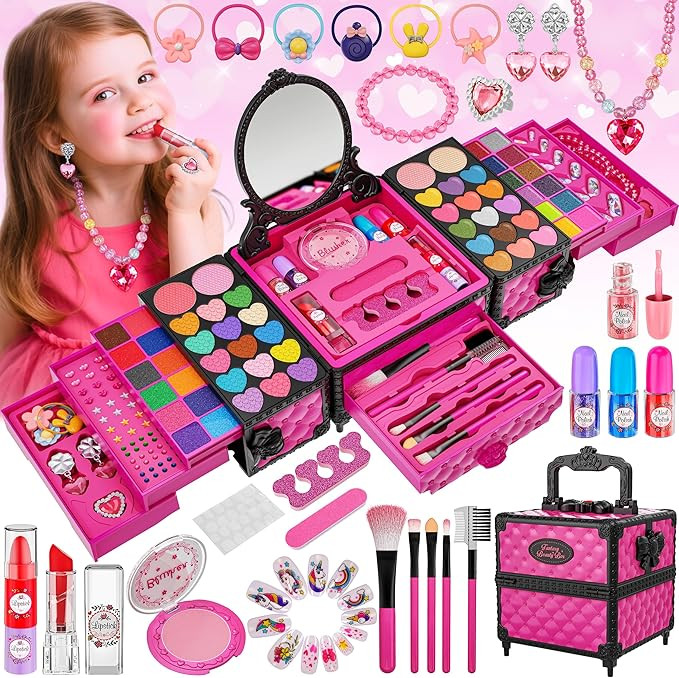99 Pcs Kids Makeup Kit for Girls, Princess Toys Real Washable Cosmetics Set with Mirror,Rings, Ne... | Amazon (US)