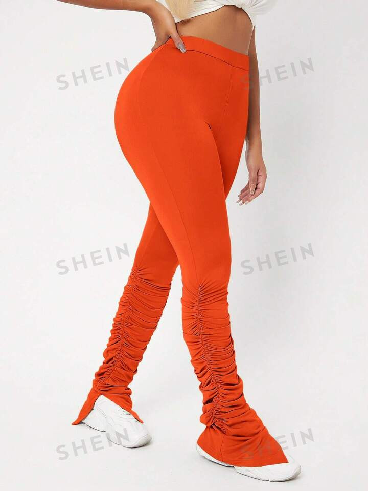 SHEIN SXY High Waist Ruched Split Hem Stacked Pants | SHEIN