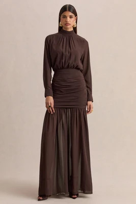 Zella | Brown High-Neck Maxi Dress With Sheer-Skirt | Club L London