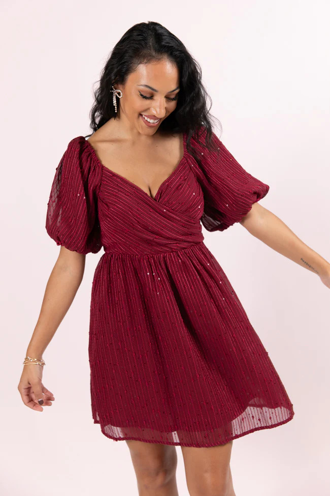 Get Figgy With It Wine Textured Surplice Neckline Holiday Dress | Pink Lily