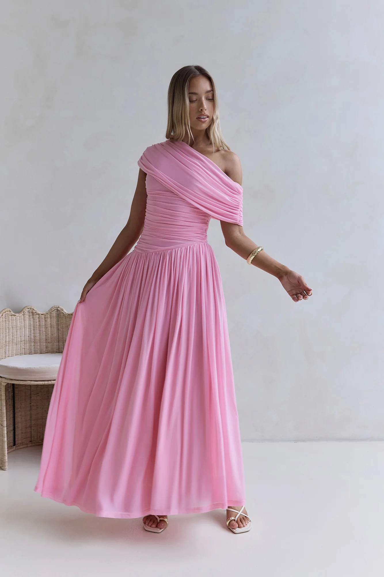Hidden Flair One Shoulder Mesh Maxi Dress Pink | Fortunate One