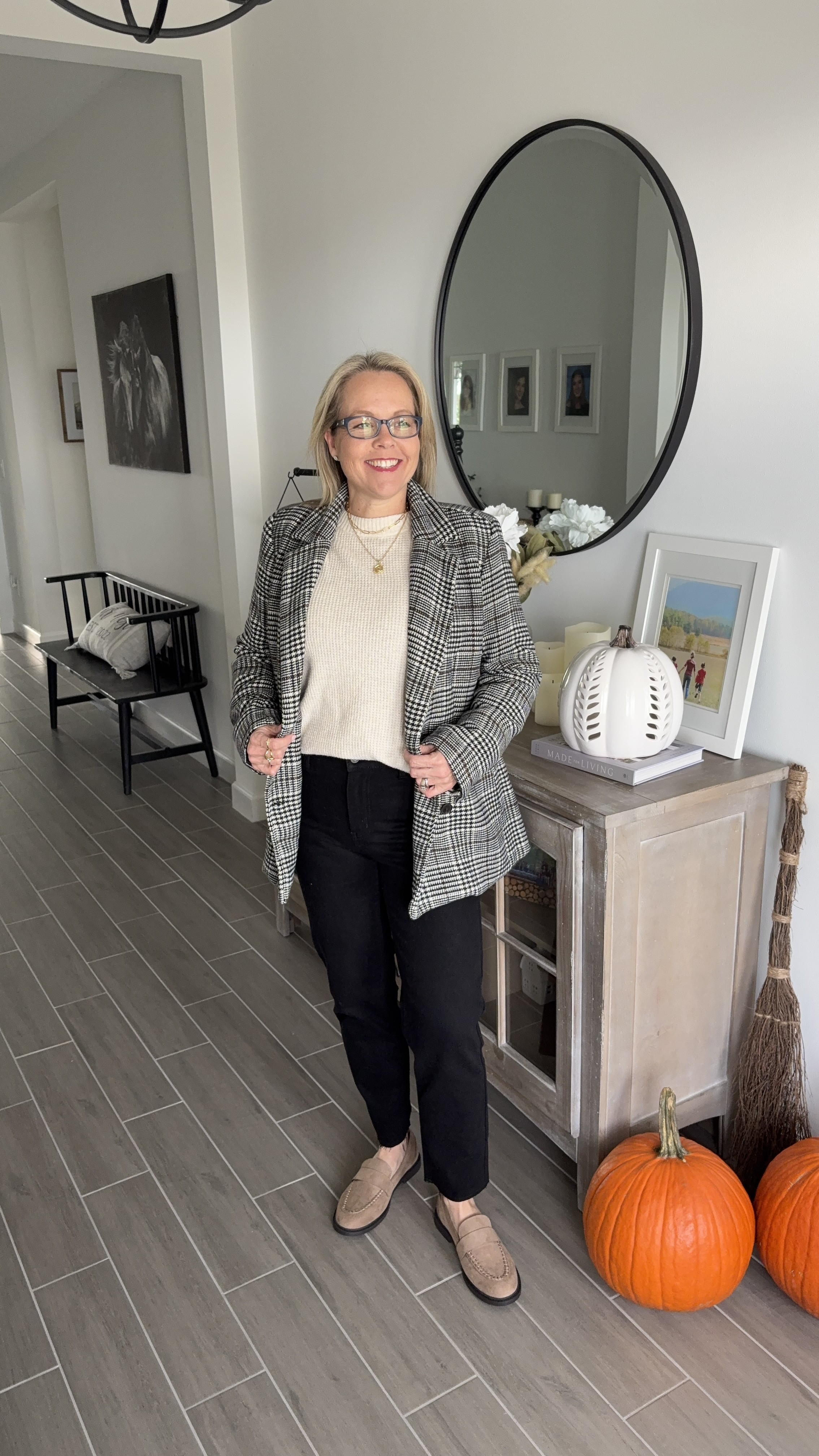 Plaid fall double breasted blazer with oversized fit wearing a size small paired with sweaters and jeans. 