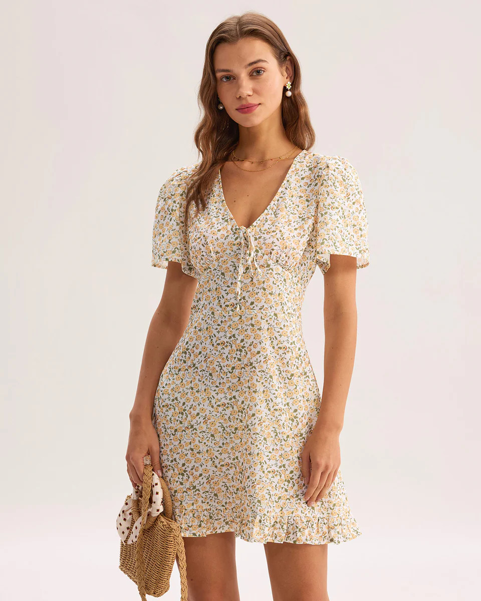 Yellow Floral V-Neck Mini Dress | rihoas.com