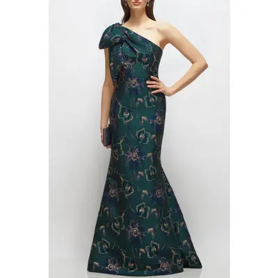Alfred Sung One-Shoulder Metallic Floral Jacquard Trumpet Gown in Evergreen Floral at Nordstrom, Size 0 | Nordstrom