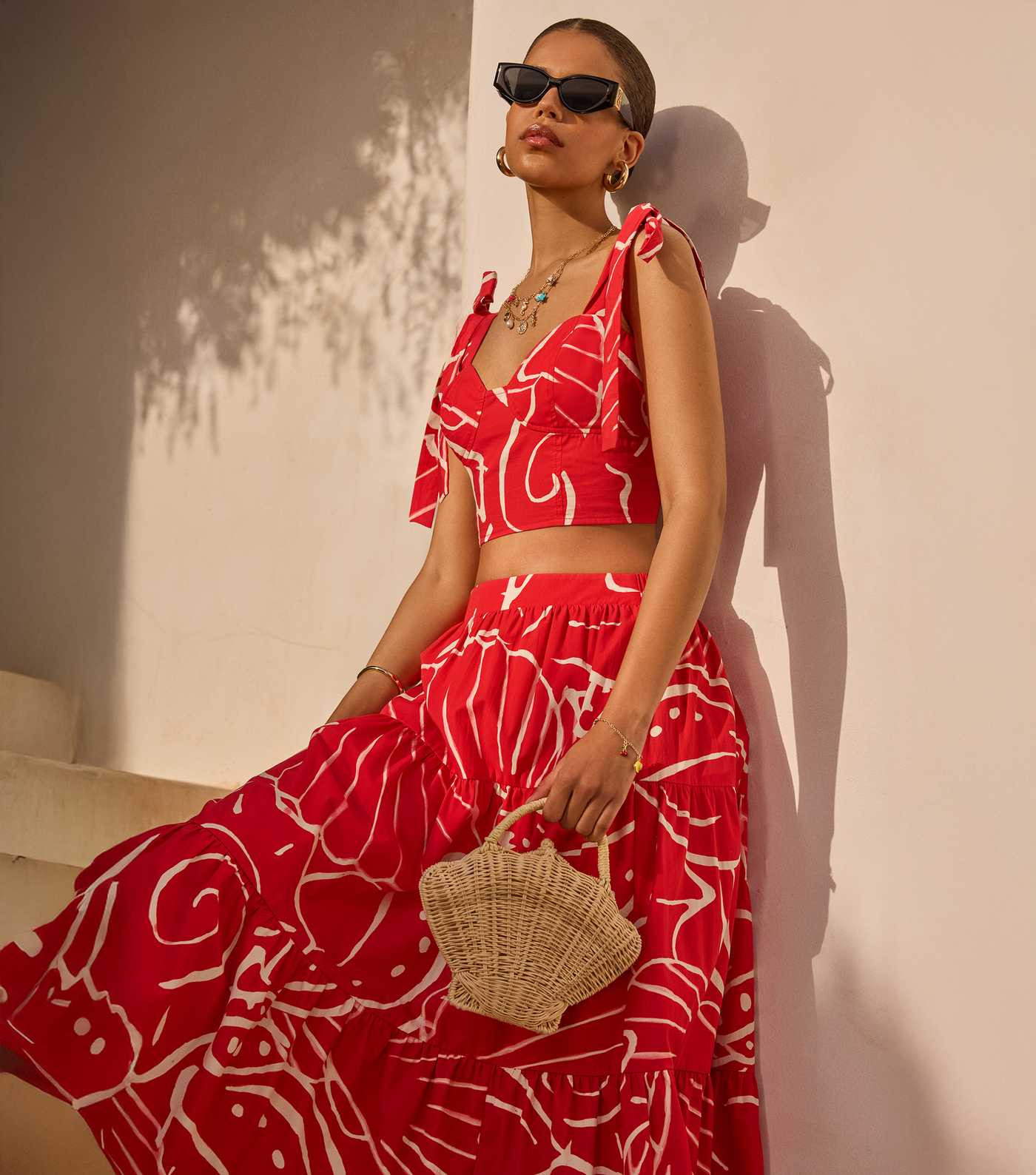Red Shell Print Poplin Tiered Midi Skirt | New Look | New Look (UK)