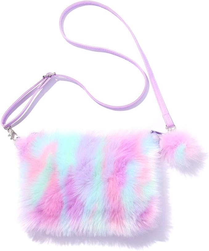Women Girls Kids Fluffy Fuzzy Bag Plush Tie Dye Rainbow Crossbody Purse Wallet | Amazon (US)