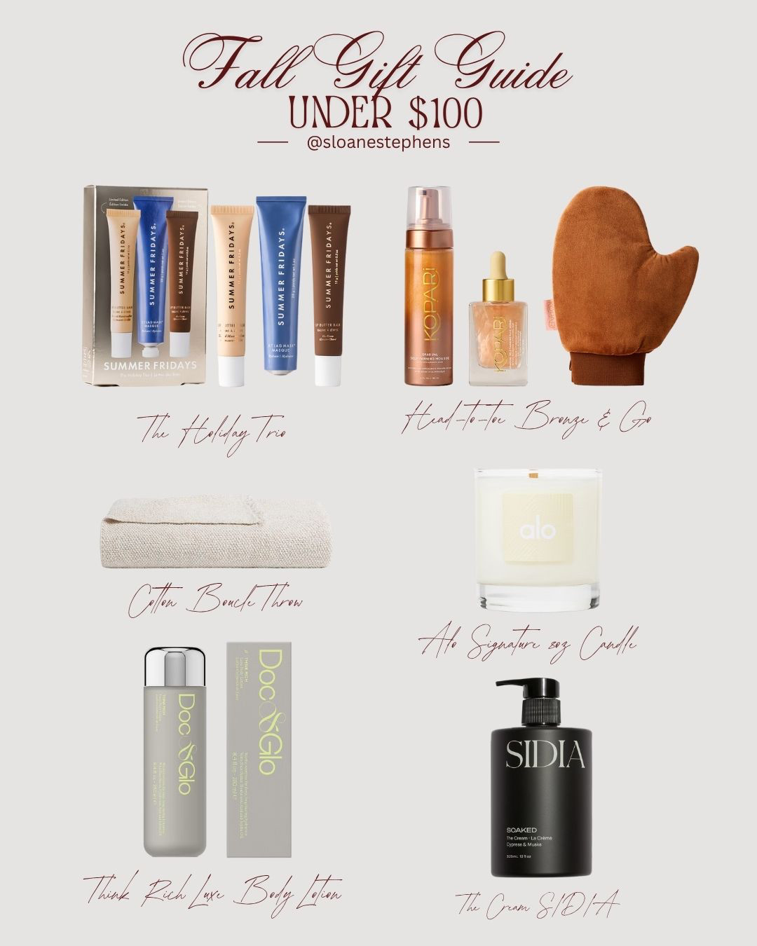 Affordable luxury gifts that feel high-end 🤎
From body care to cozy home favorites, here’s your fall gift guide under $100 — perfect for early holiday shopping.
#FallGiftGuide #AffordableLuxury #Under100 #GiftIdeas #HolidayReady #SelfCareGifts 

 #LTKSaleAlert #LTKFindsUnder100 #LTKBeauty