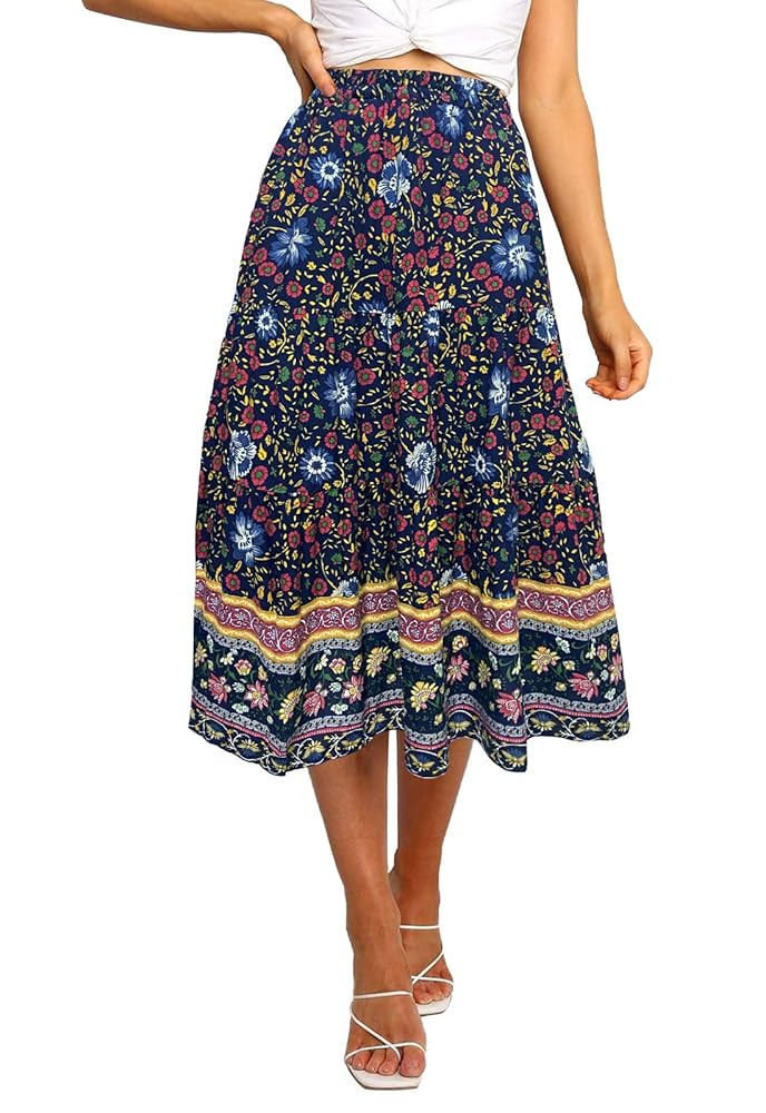 MEROKEETY Women's Boho Leopard Print Skirt Pleated A-Line Swing Midi Skirts | Amazon (US)