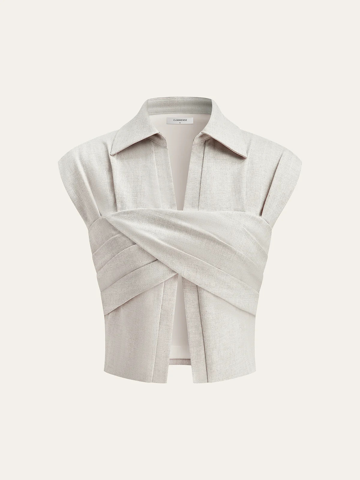 Linen Blend Cropped Blouse with Cross Wrap Detail | Commense