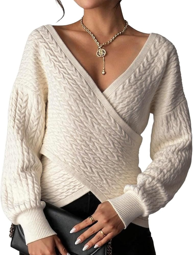 Women’s Trendy Wrap Sweaters Fall Winter Elegant V Neck Long Sleeve Off Shoulder Jumper Top Kni... | Amazon (US)