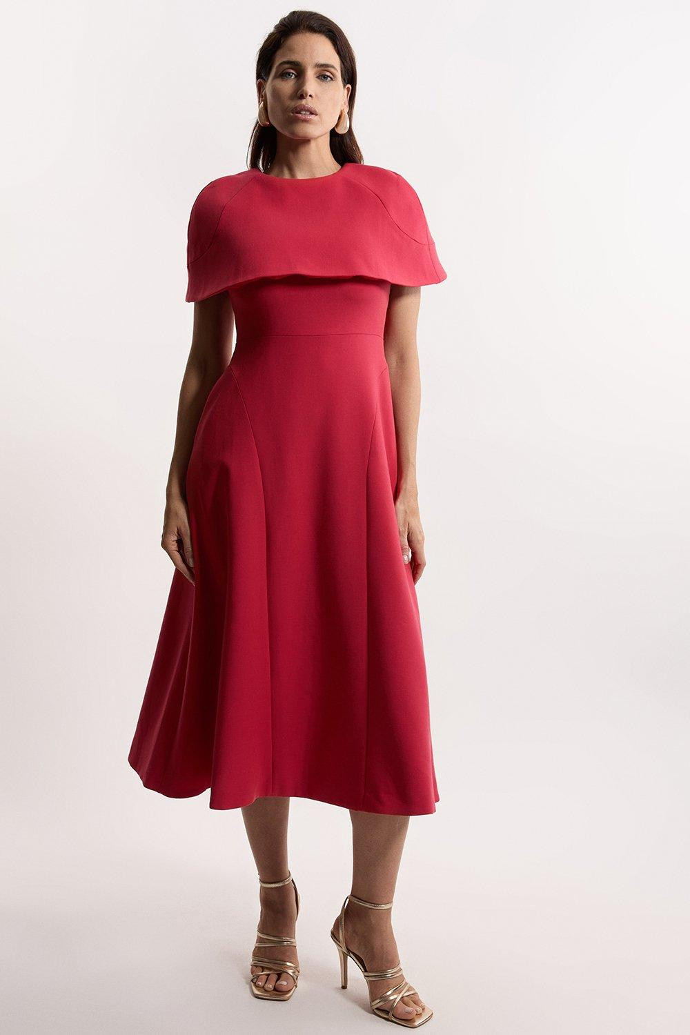Compact Stretch Cape Sleeve Full Skirt Tailored Midaxi Dress | Karen Millen US