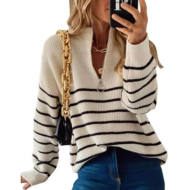 Womens Pullover Sweater Zip Down Casual Looss Sweaters Stripe Print Warm Sweaters Shermie - Walma... | Walmart (US)