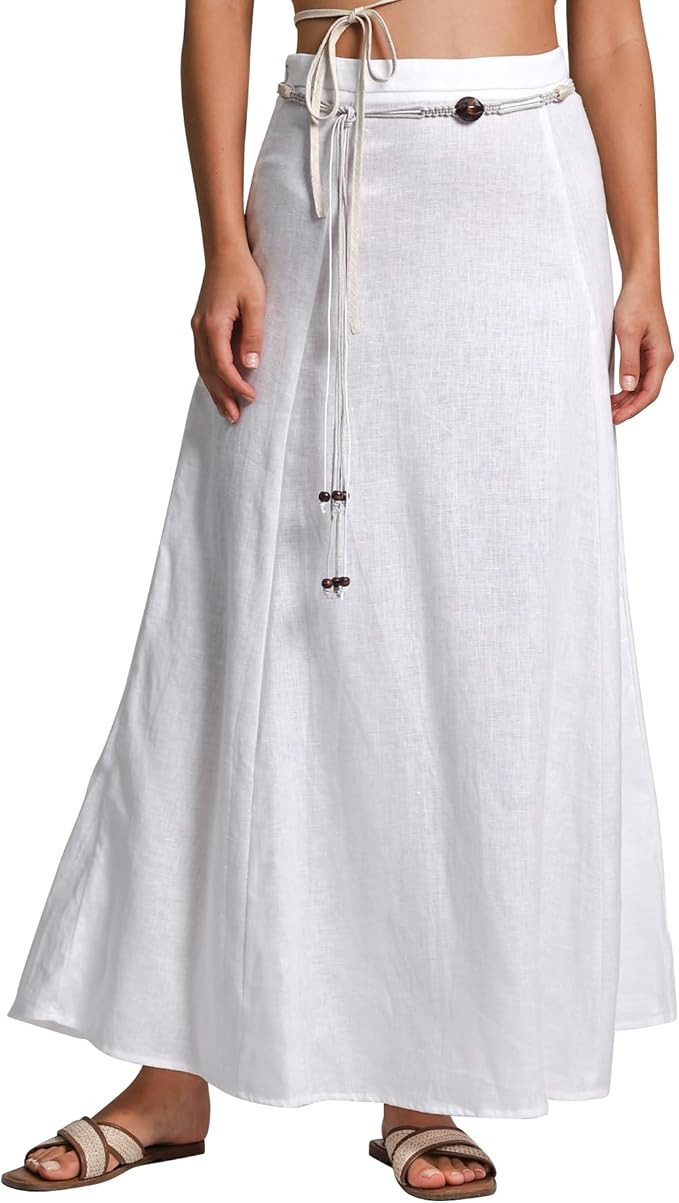 Amazhiyu Women's 100% Linen A-line Maxi Skirt with Matching Belt Summer Casual | Amazon (US)