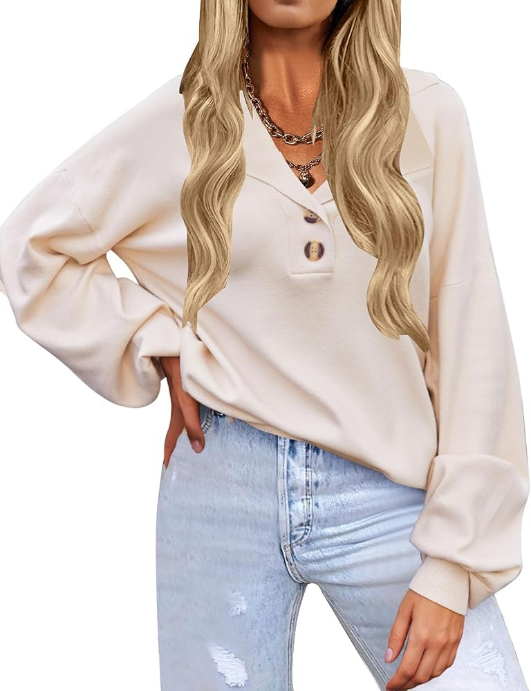 Zeagoo Women V Neck Sweater Lantern Sleeve Drop Shoulder Oversized Henley Knit Pullover Tops S-XX... | Amazon (US)