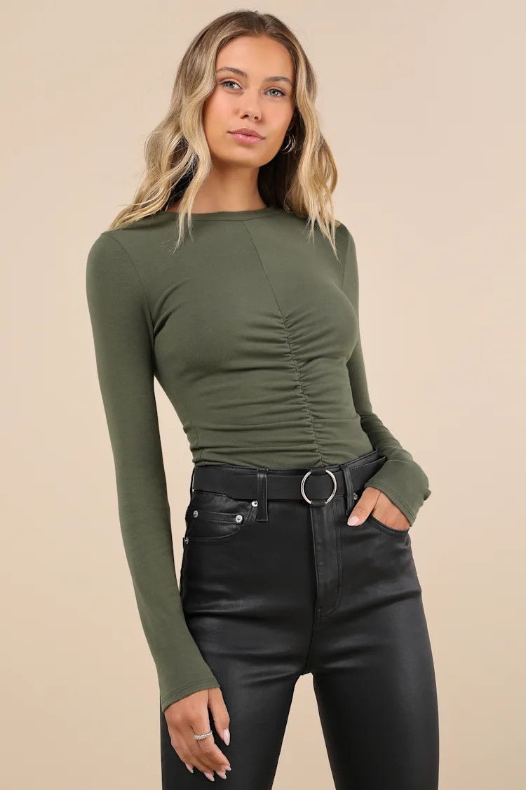 Casual Energy Olive Green Ruched Long Sleeve Crew Neck Top | Lulus
