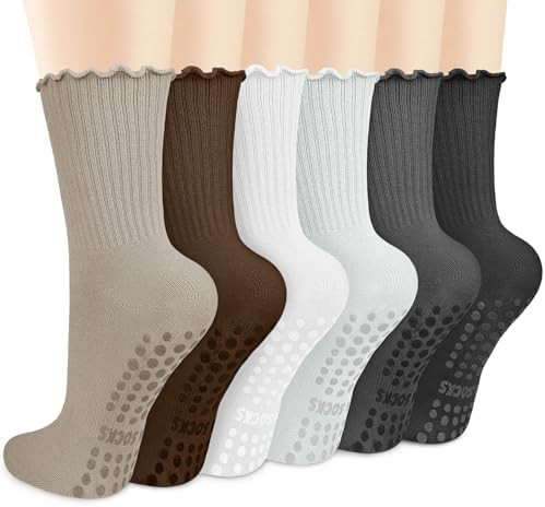Justay 6 Pairs Womens Pilates Socks with Grips Crew Non Slip Ruffle Cotton for Athletic Workout B... | Amazon (US)