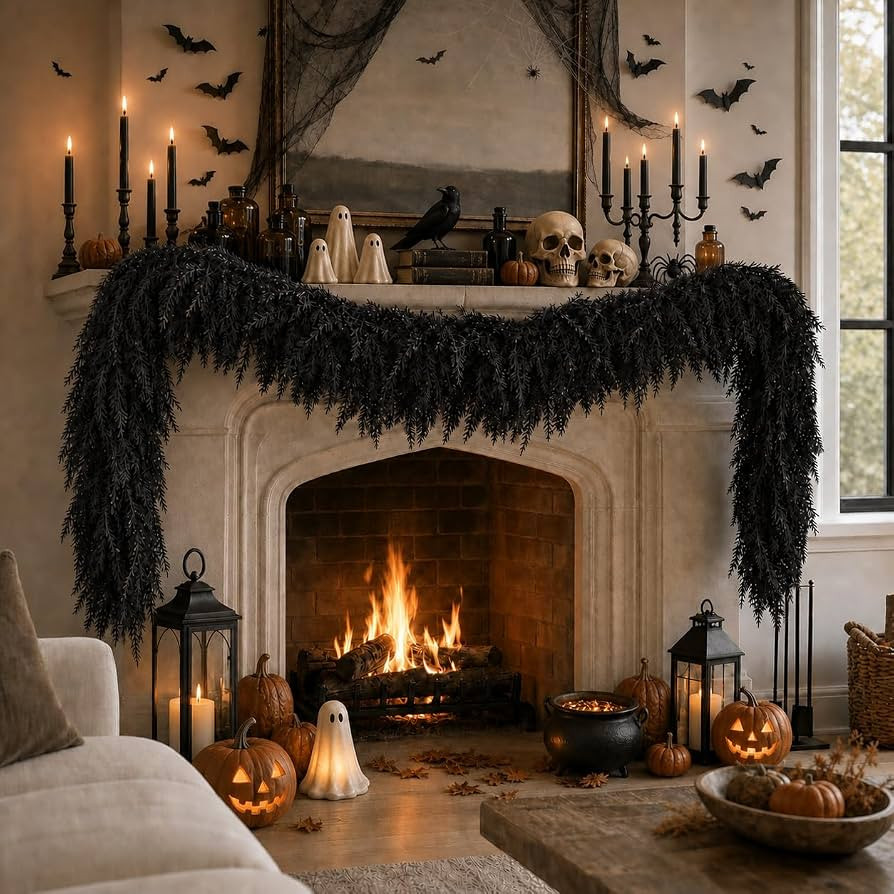 Black Halloween Mantle Garland Decor Gothic Garlands for Decorations 6Ft Fireplace Indoor Home Fa... | Amazon (US)