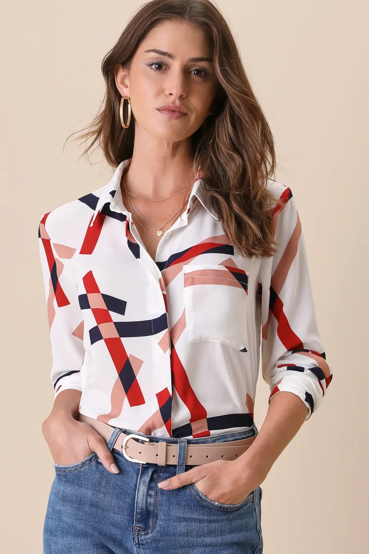 Camrose White Geometric Print Button-Up Long Sleeve Top | Lulus