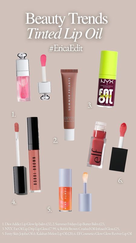 Beauty trend 2024 viral tinted lip oil

1. Dior Addict Lip Glow lip balm £32,
2. Summer Fridays Lip Butter Balm £23, 
3. NYX  Fat Oil Lip Drip Lip Gloss £7.99, 
4. Bobbi Brown Crushed Oil-Infused Gloss £25, 
5. Fenty Skin Jojoba Oil & Kalahari Melon Lip Oil £20, 
6. Elf Cosmetics Glow Glow Reviver Lip Oil


#LTKMostLoved #LTKbeauty #LTKGiftGuide