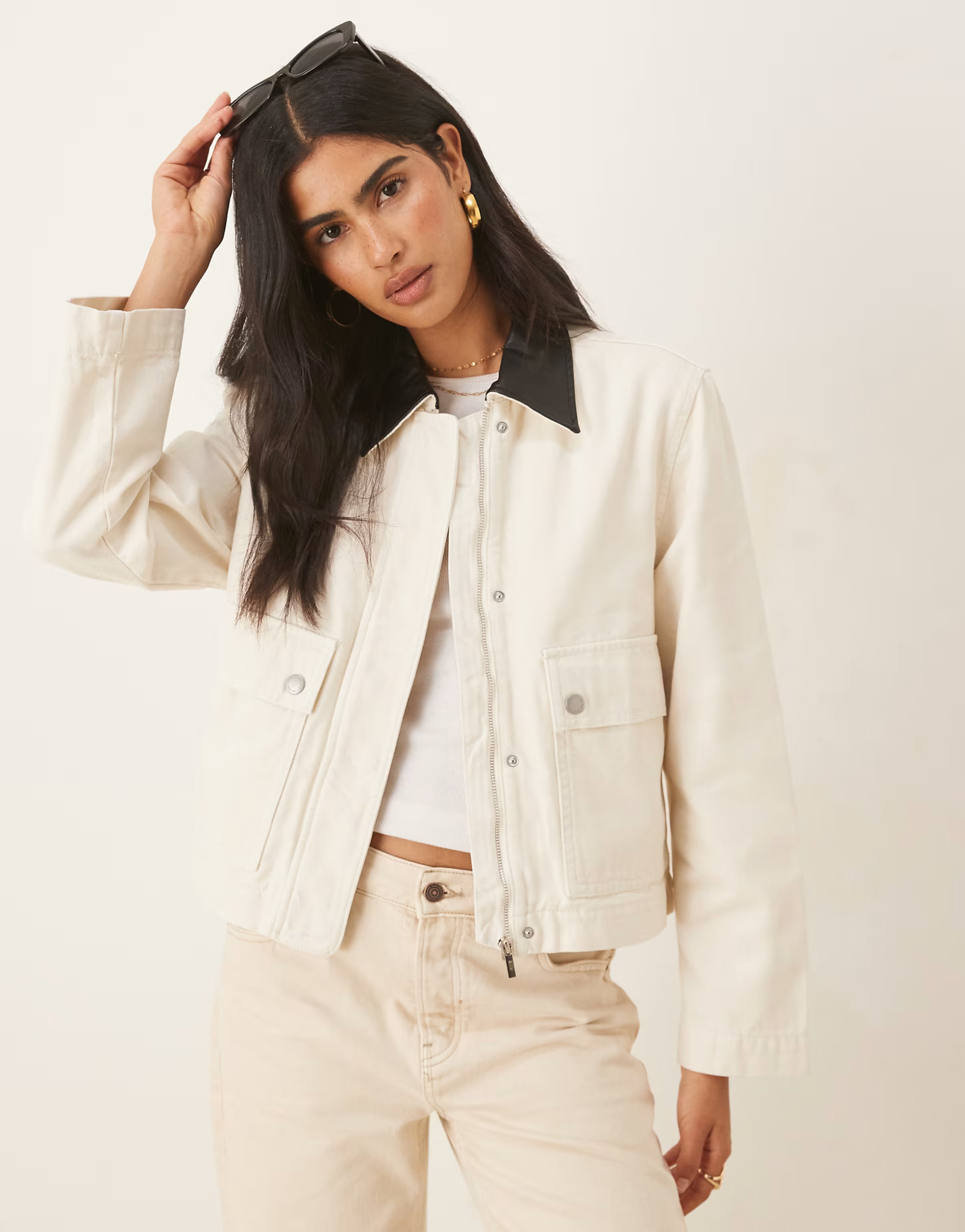Mango 100% cotton short parka jacket with contrast collar in light beige | ASOS (Global)
