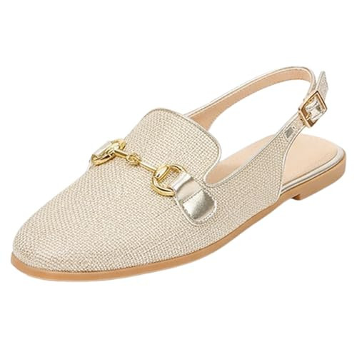 KVOTUU Slingback Flats for Women Fashion Buckle Strap Slide Summer Slippers Closed Pointed Toe Casual Business Dress Shoes Breathable Raffia Sandals Gold | Amazon (US)